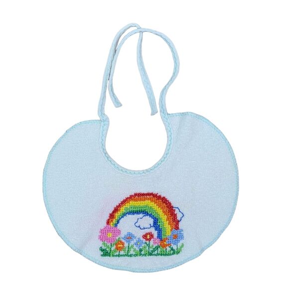 VTG 80s Cross Stitch Bib Rainbow Flowers‎ Terry Cloth White Multi Baby Infant - Picture 1 of 5